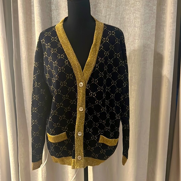 Gucci Sweaters - Gucci intarsia navy blue cardigan, gold metallic logo, thread, and trim